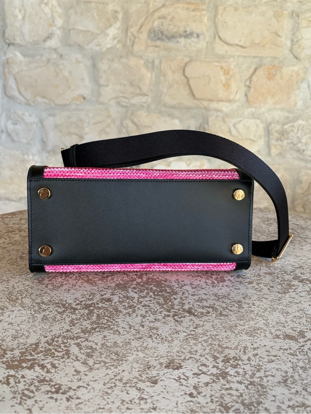 kate spade Pink and Red Striped Straw Satchel with Black Trim
